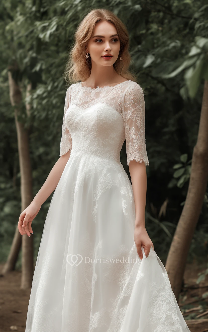 Bateau-neck Half-sleeve Lace A-line Elegant Casual Wedding Dress