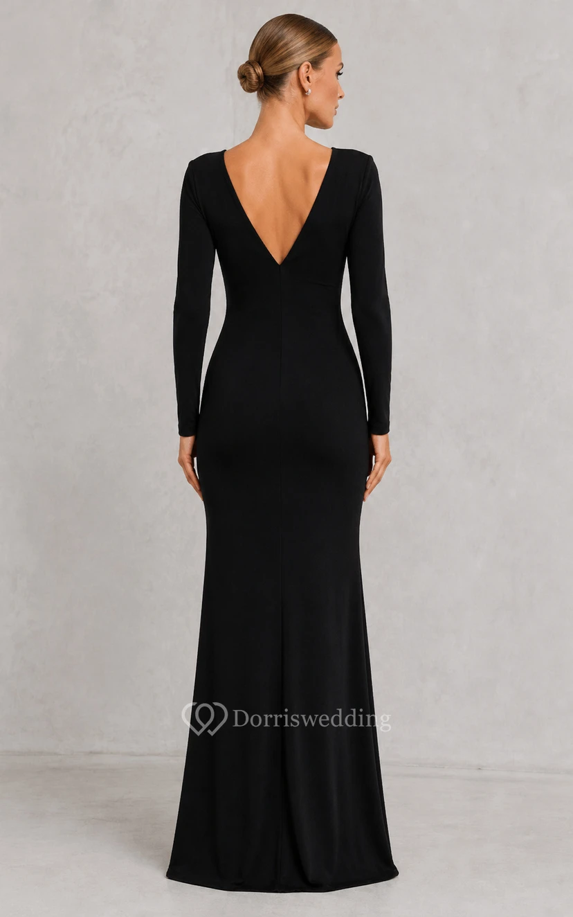 Black Long Sleeve Deep V-Neck Sheath Formal Dress with Ring Waist Detail view 2
