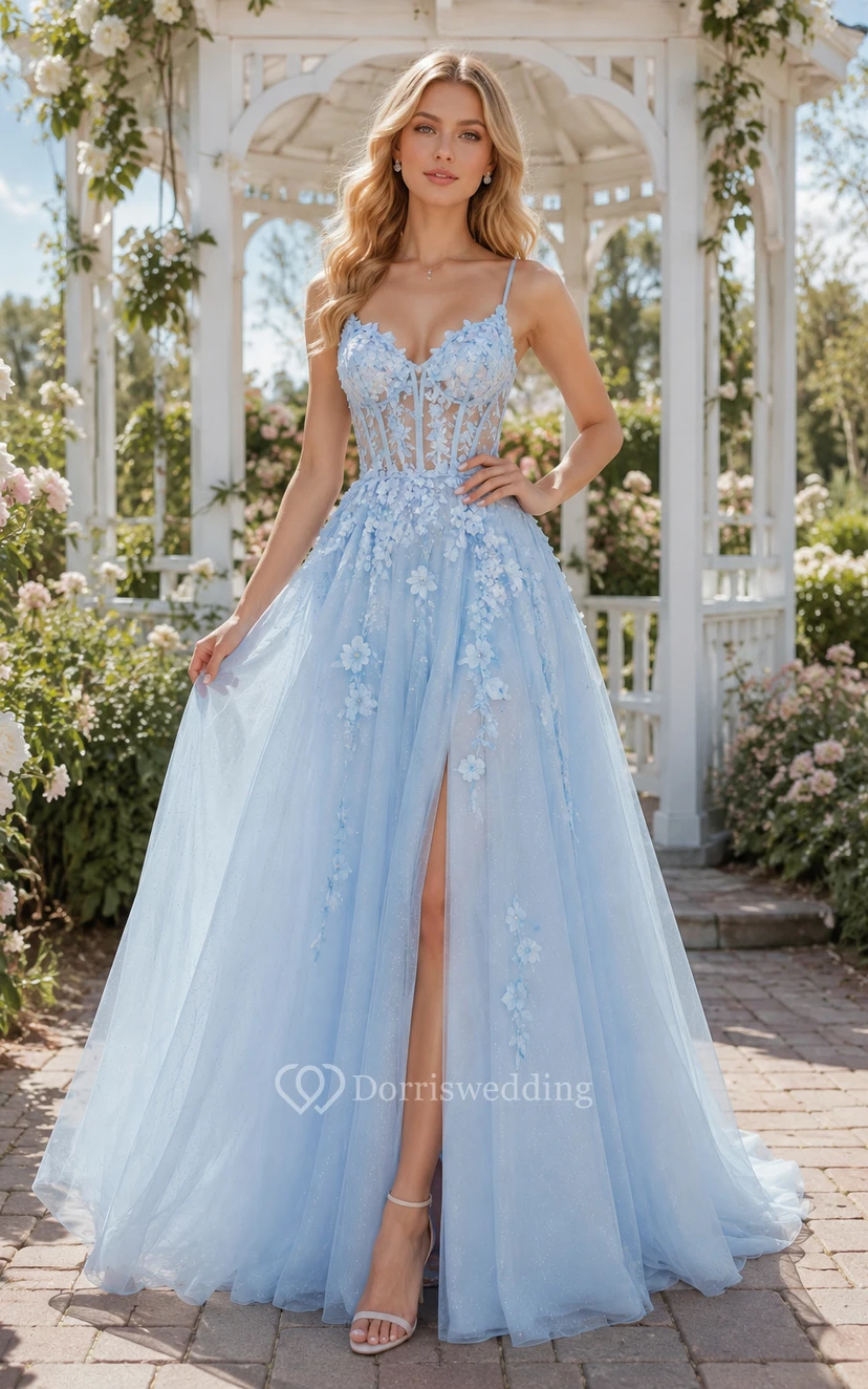 Sky Blue Spaghetti Strap Tulle A-Line Prom Dress with Floral Appliques for Prom Evening and Formal Reception Events