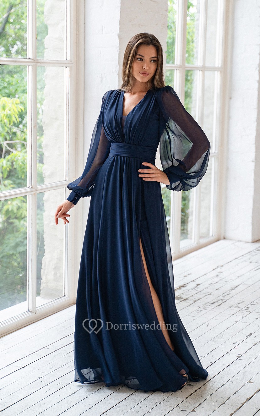 A Line V Neck Long Ilusion Sleeve Empire Floor Length Chiffon Dress with Split Front Royal Blue Size 16 by Dorris Wedding