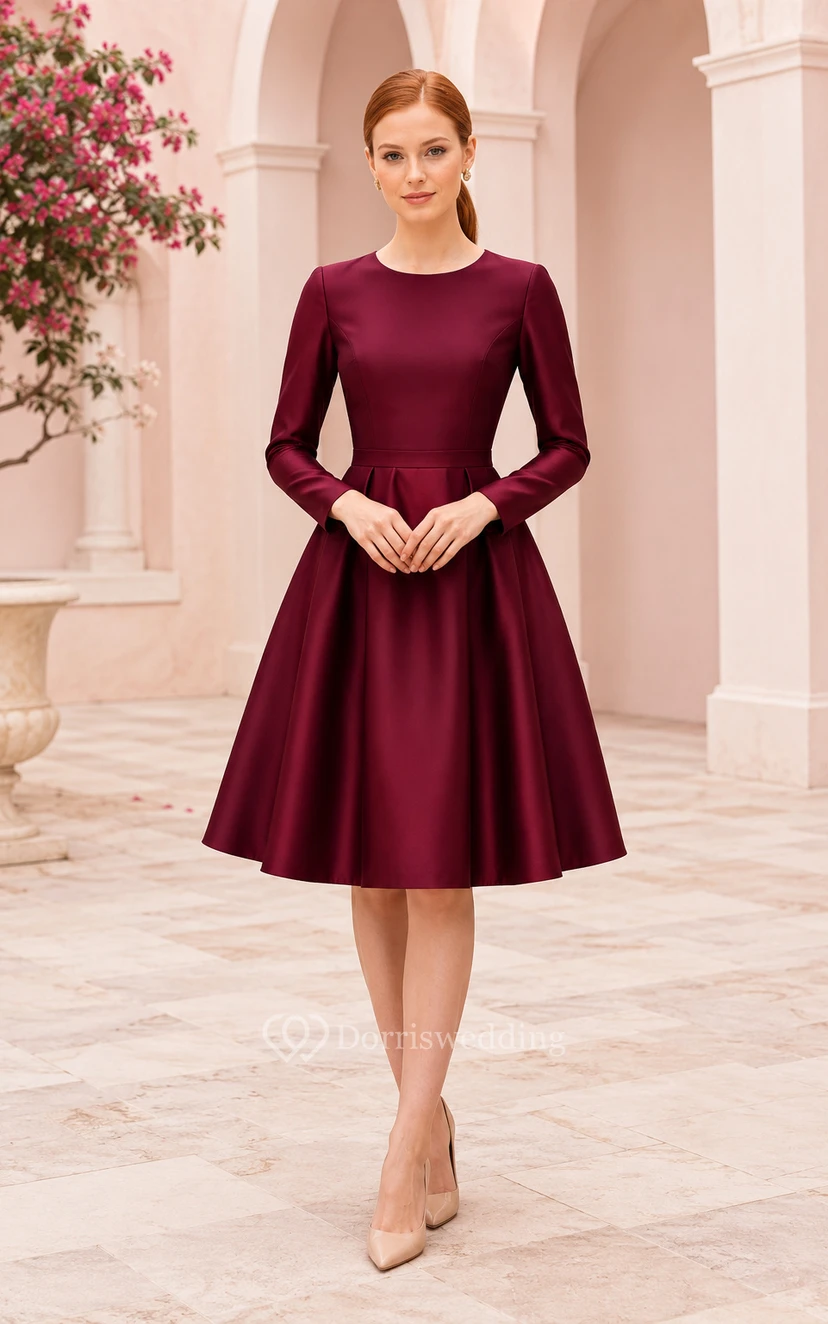 Robe d'invitée bordeaux en satin, coupe trapèze, manches longues, longueur genou, col rond, col rond