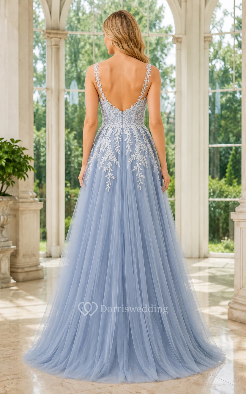 Vestido formal de corte A de tul azul pizarra con tirantes finos y apliques de encaje blanco para graduación. view 2