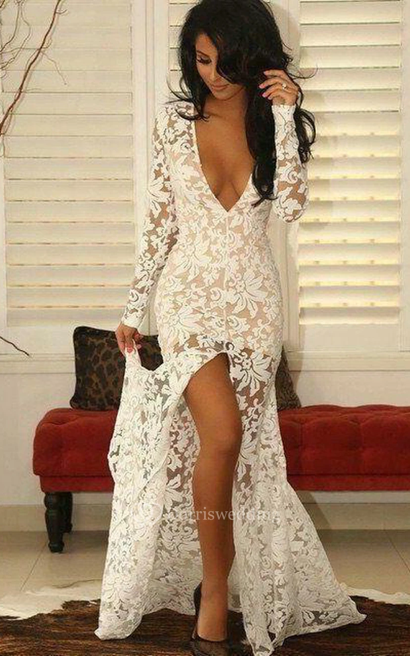 Modern Lace Deep V-neck Mermaid Prom Dress Front Split Long Sleeve view 3