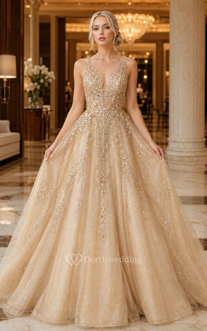 Robe de bal champagne avec décolleté en V plongeant et perles scintillantes pour le bal de fin d'année