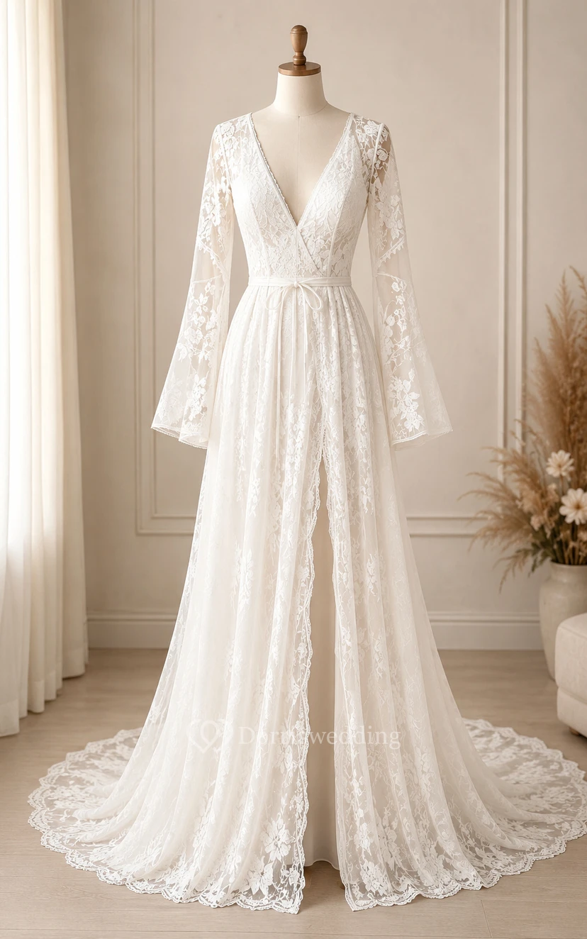 Boho Bell Loneg-sleeve Country Wedding Dress | Vintage Lace Hippie Bridal Gown with Sleeeves view 7