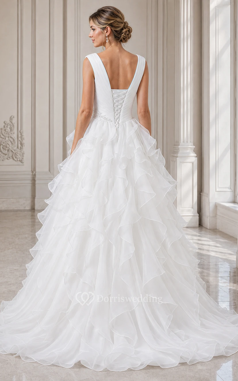 A-Line Cap-Sleeve Long V-Neck Ruched Organza Wedding Dress With Ruffles And Tiers view 2
