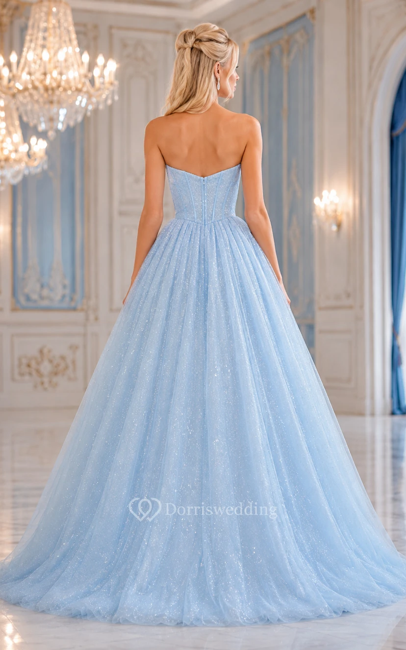 Sky Blue Strapless Glitter Tulle Ball Gown Prom Dress with Sweetheart Bodice view 2