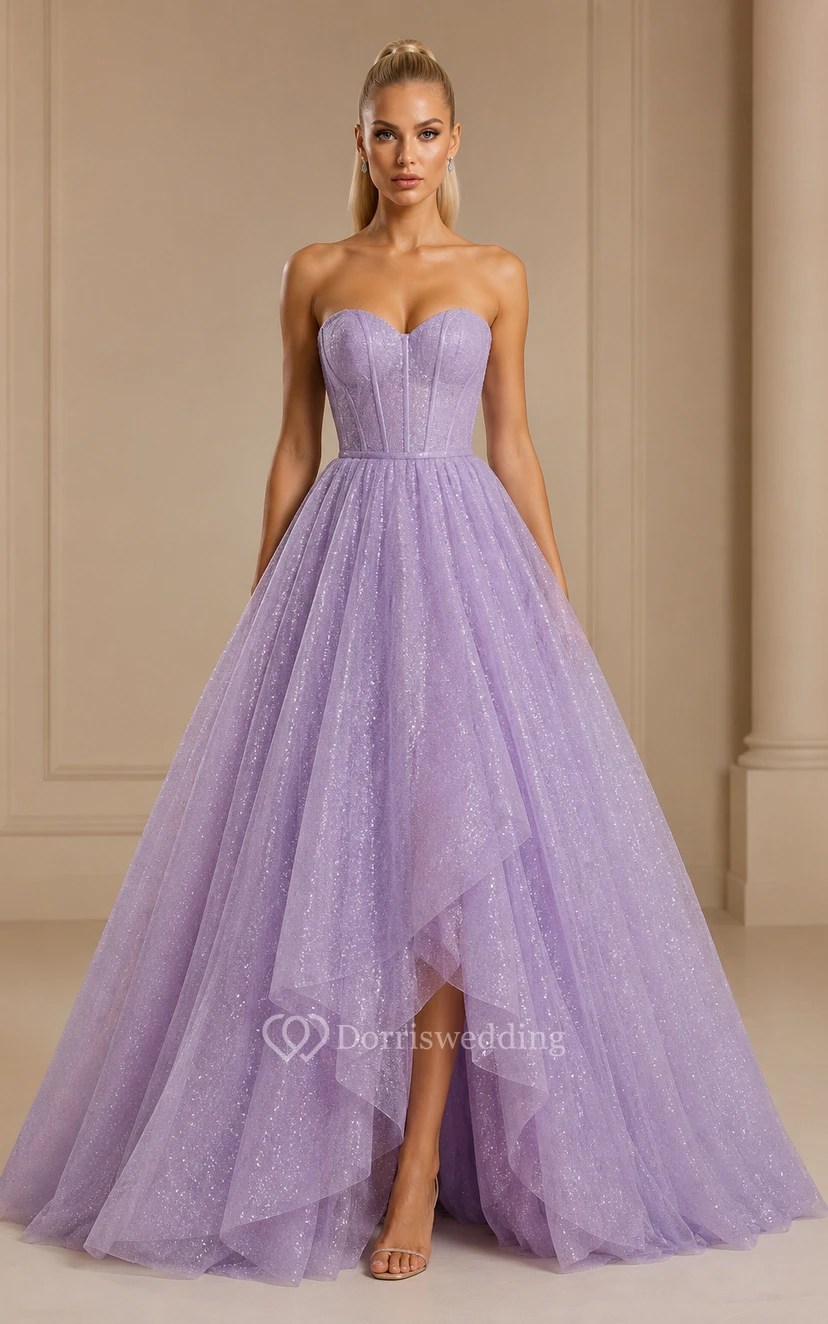 Robe de bal bustier lavande en tulle à jupe à volants et jupe asymétrique