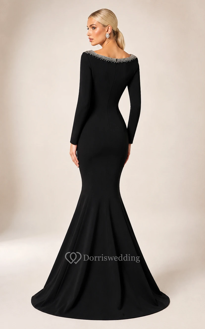 Modest Black Long Sleeve Mermaid Evening Dress with Crystal Bateau Neckline and Sweep Train view 2