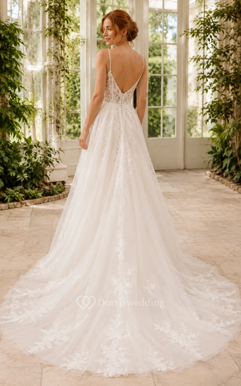 Robe de mariée en tulle coupe A avec corsage en dentelle à col en V et dos nu view 2