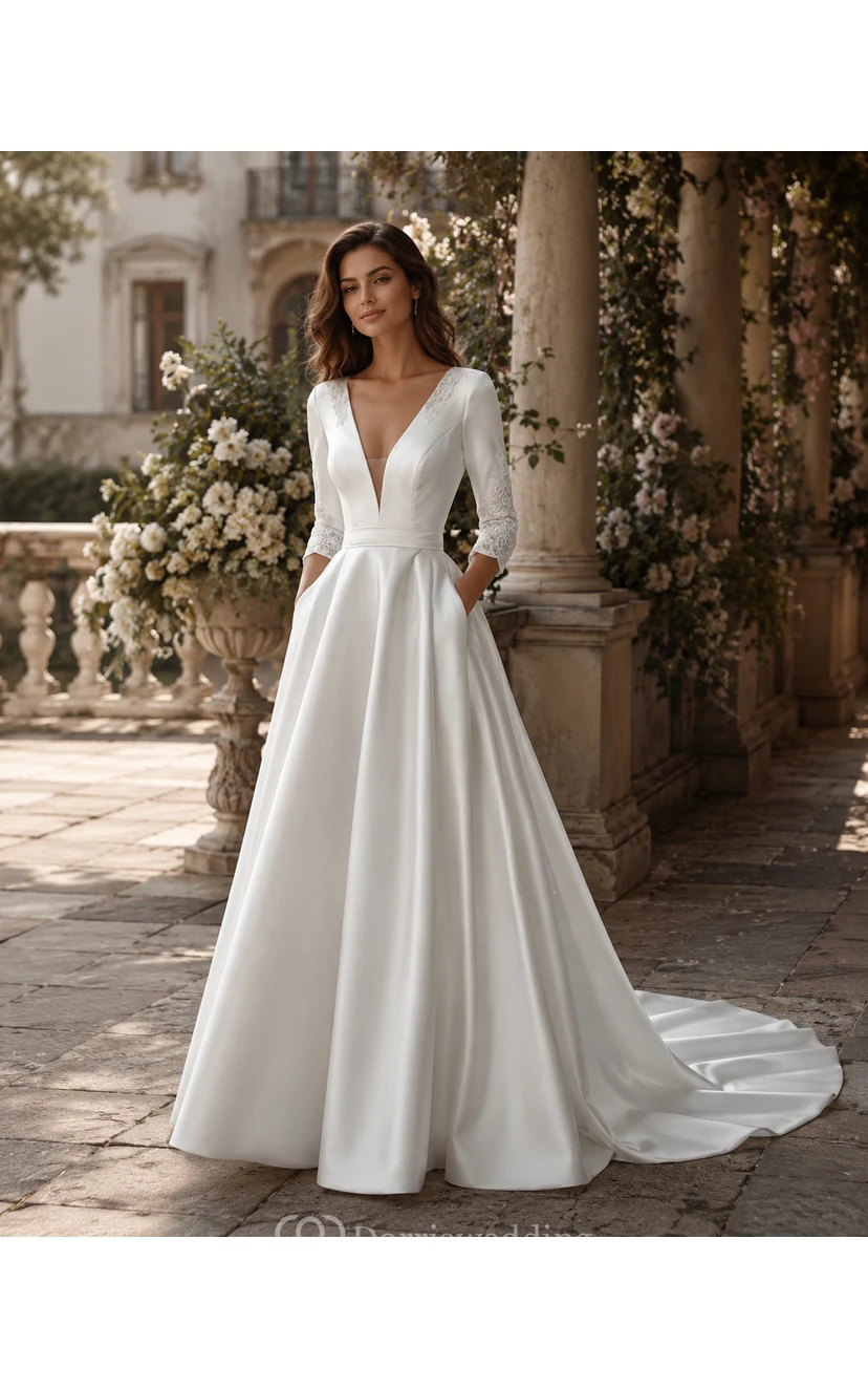 Elegantes A-Linien-Brautkleid aus Satin mit tiefem Ausschnitt und langen Ärmeln view 3