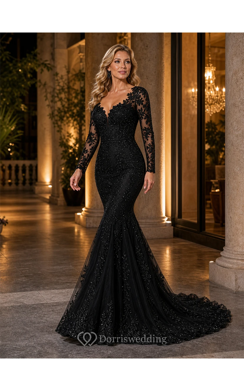 Long Sleeve Black Lace Mermaid Wedding Dress view 5