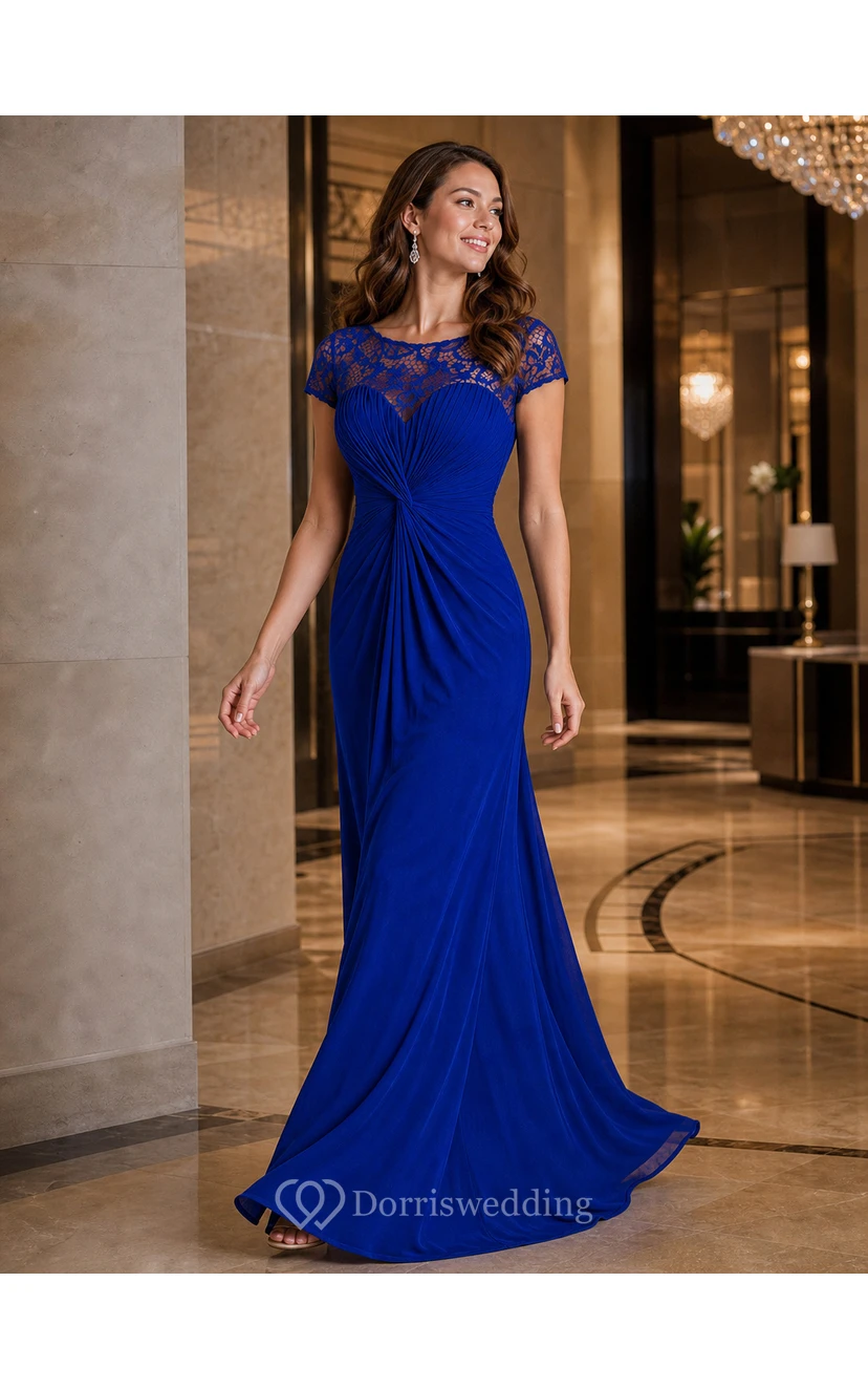 Cap-Sleeved Long Ruched Mother Of The Bride Dress With Illusion Lace Neckline view 10