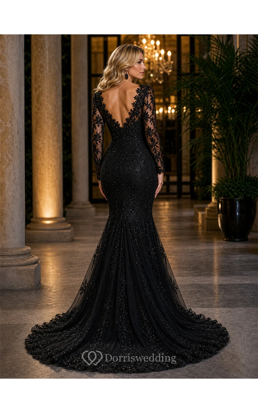 Long Sleeve Black Lace Mermaid Wedding Dress view 4