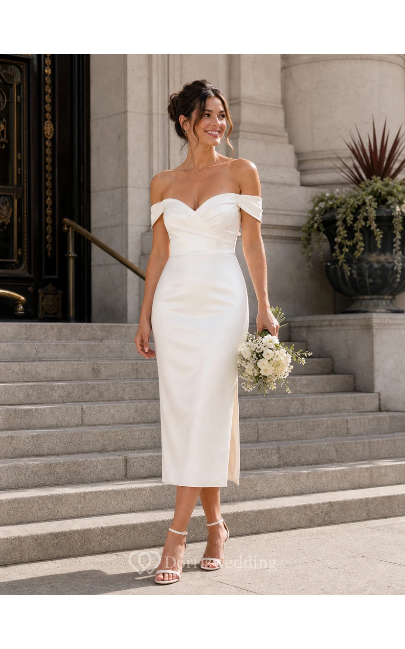 Ivory Off-the-Shoulder Satin Tea-Length Bridal Midi Dress view 9
