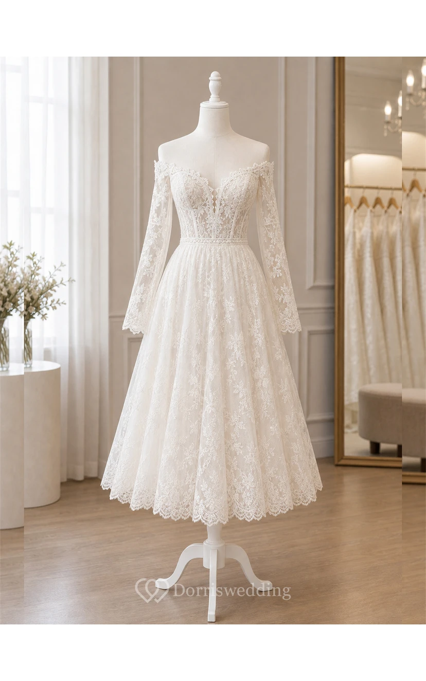 Boho Tea Length Off-the-Shoulder Wedding Dress with Long Lace Sleeves & Full Floral Lace Midi Skirt view 7