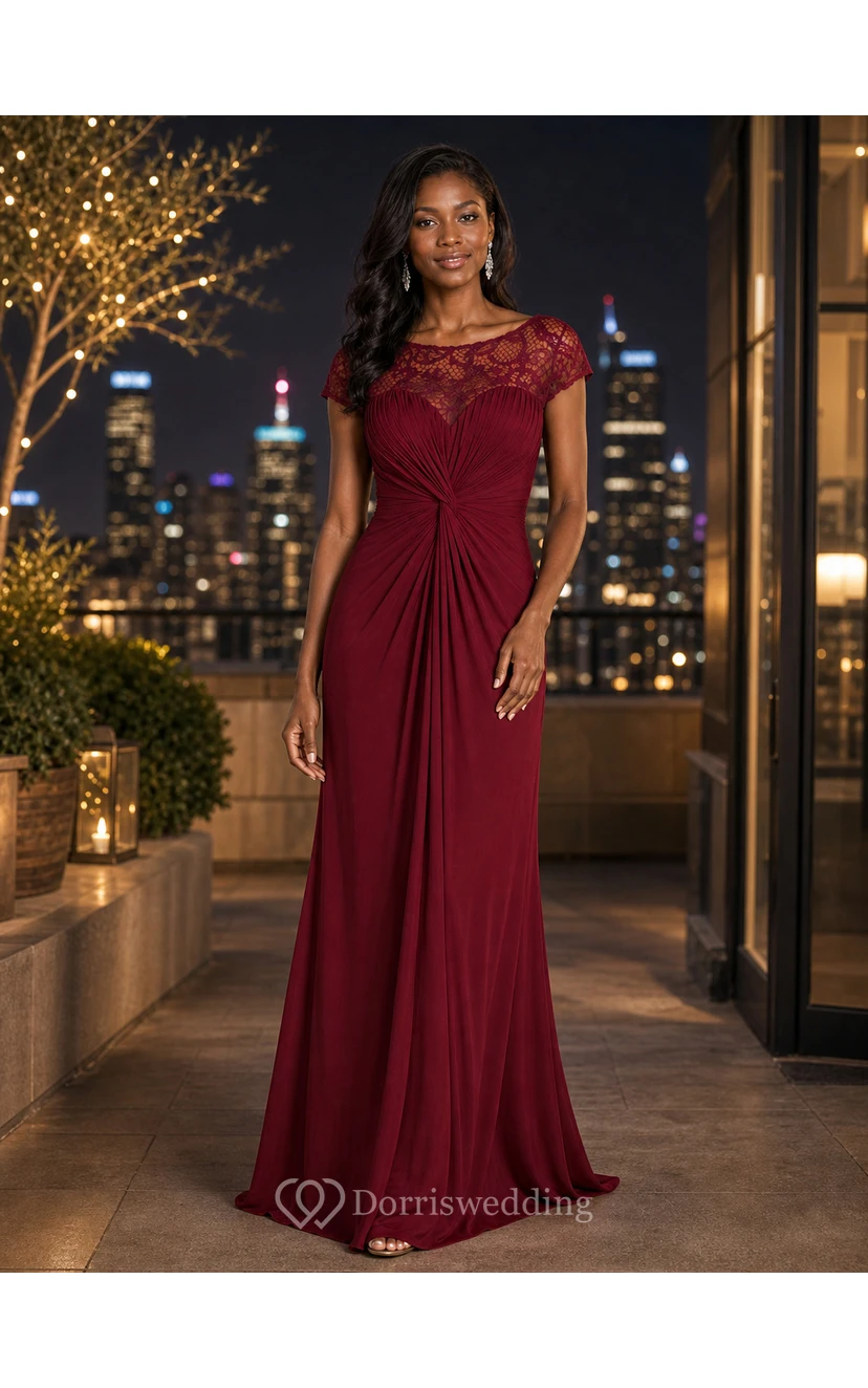 Cap-Sleeved Long Ruched Mother Of The Bride Dress With Illusion Lace Neckline view 12