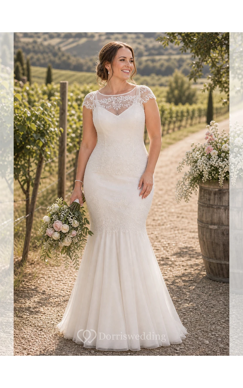 Scoop Maxi Cap-Sleeve Lace Wedding Dress With Illusion view 9