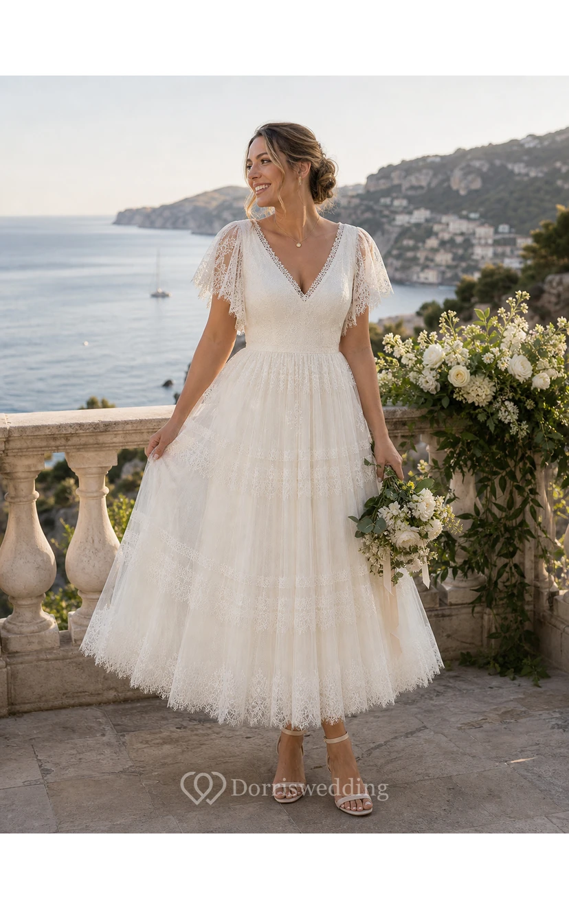 Tea Length Boho Wedding Dress with Flutter Lace Sleeves, V-Neckline & Tiered Tulle Skirt view 9
