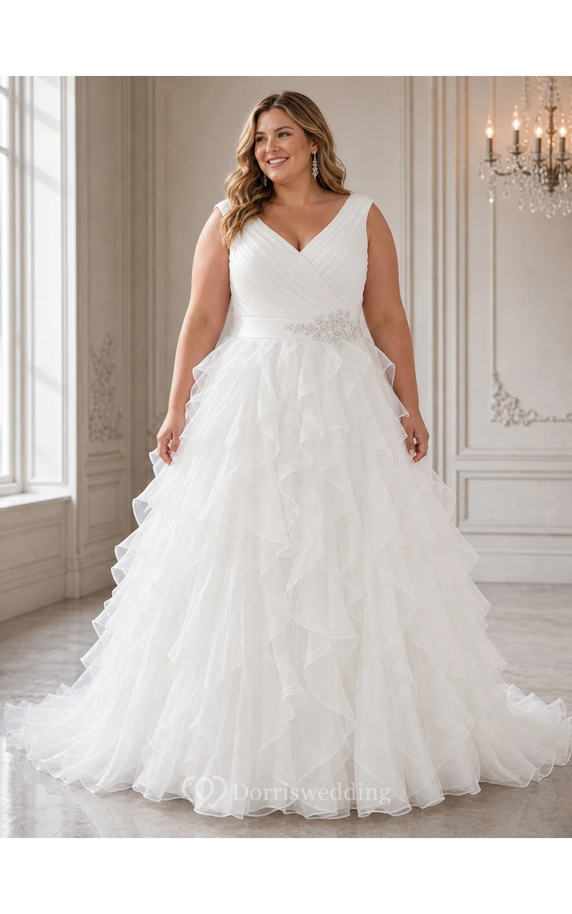 A-Line Cap-Sleeve Long V-Neck Ruched Organza Wedding Dress With Ruffles And Tiers view 4