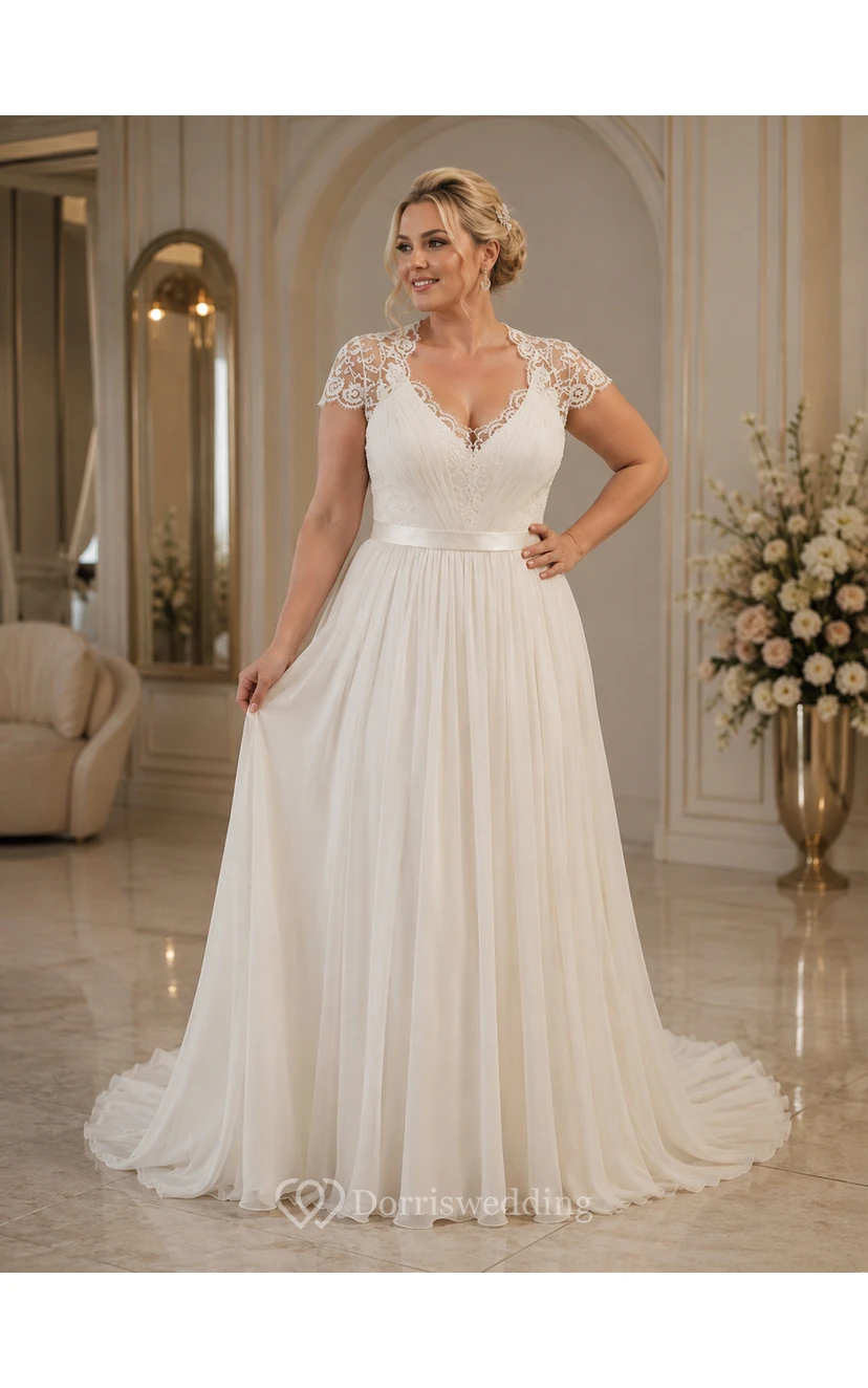 Elegante vestido de novia de gasa con escote redondo y mangas cortas, con encaje. view 4