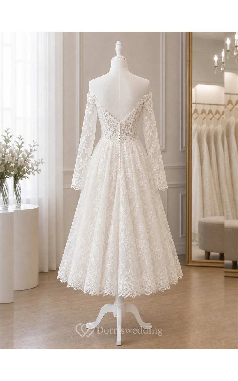 Boho Tea Length Off-the-Shoulder Wedding Dress with Long Lace Sleeves & Full Floral Lace Midi Skirt view 8