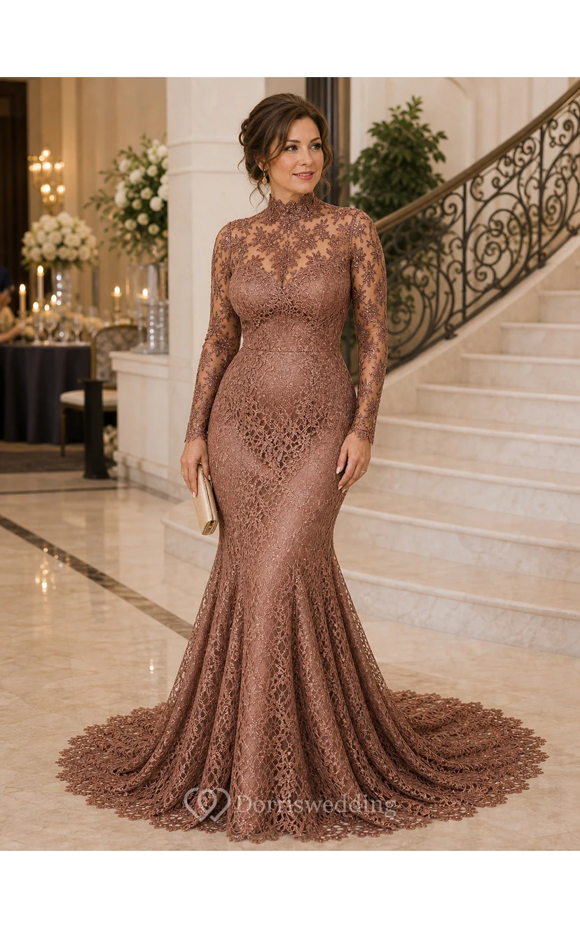 High Neck Long Sleeve Black Lace Mermaid Wedding Gown view 10