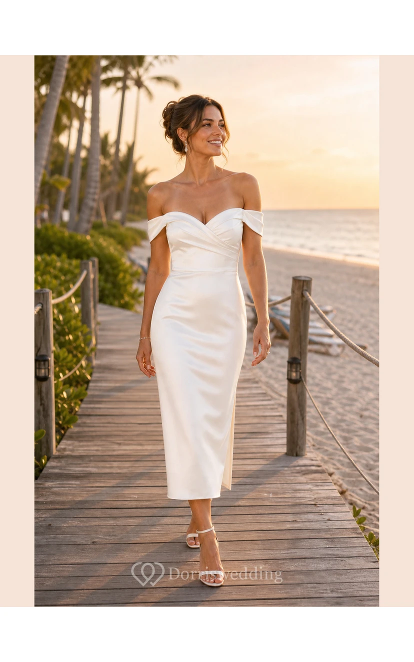 Ivory Off-the-Shoulder Satin Tea-Length Bridal Midi Dress view 10