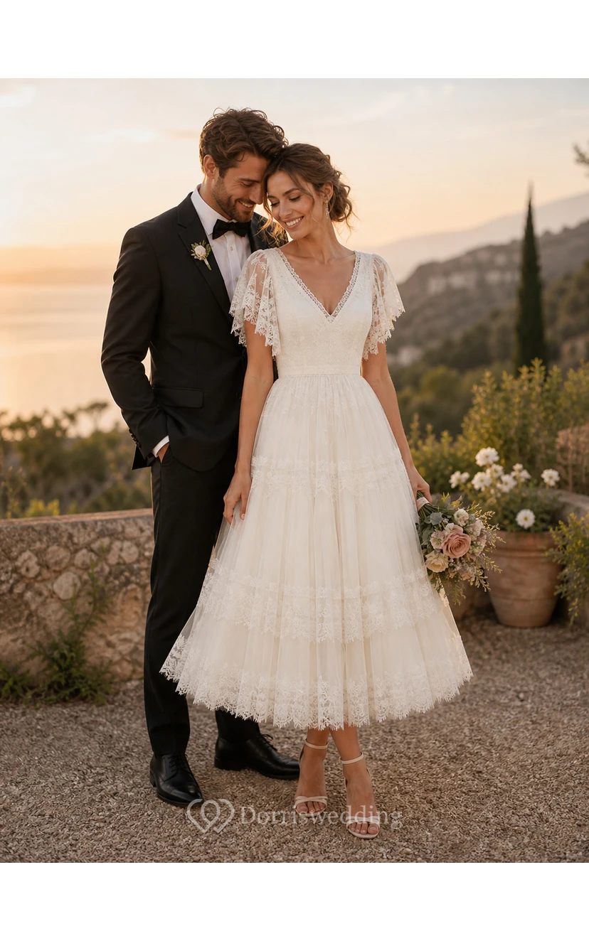 Tea Length Boho Wedding Dress with Flutter Lace Sleeves, V-Neckline & Tiered Tulle Skirt view 3