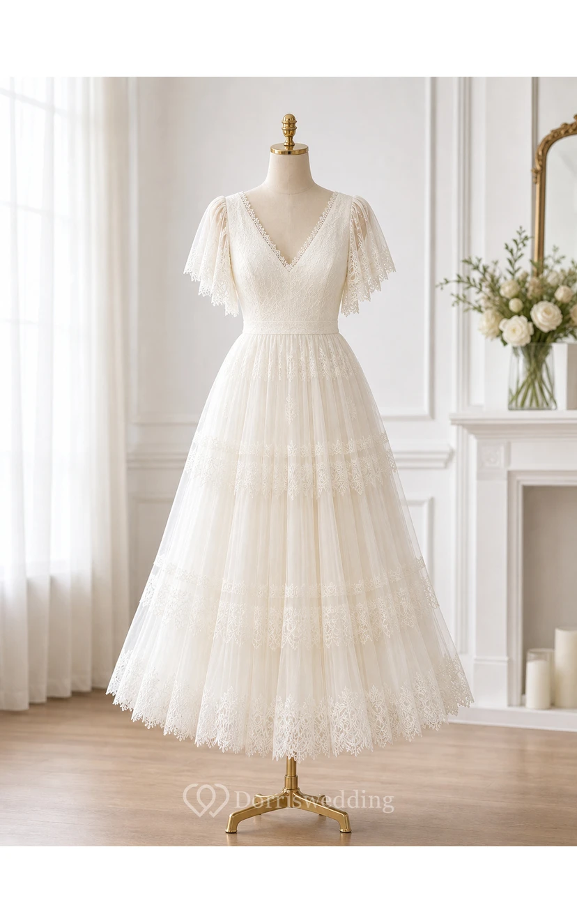 Tea Length Boho Wedding Dress with Flutter Lace Sleeves, V-Neckline & Tiered Tulle Skirt view 7