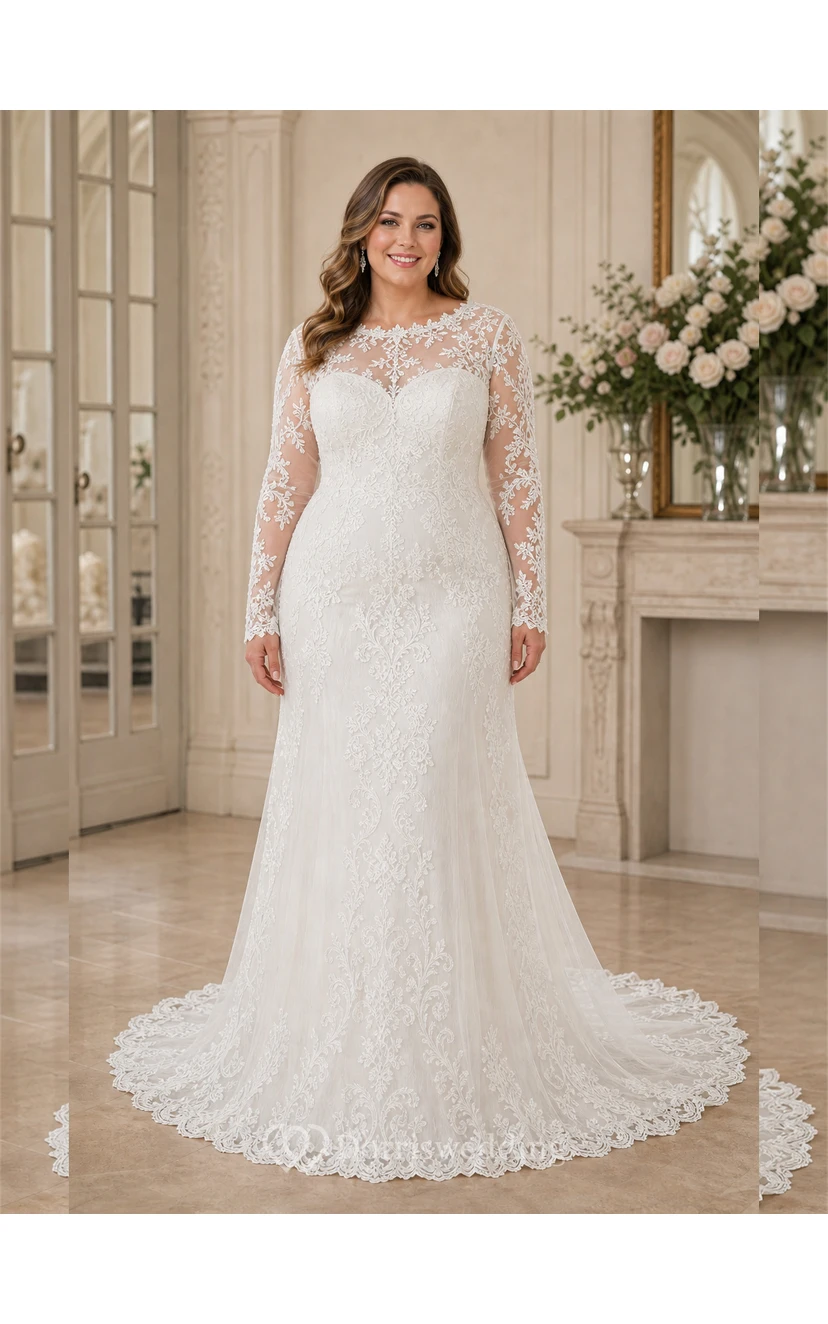 Sheath Long-Sleeve High Neck Tulle&Lace Wedding Dress With Sweep Train view 5