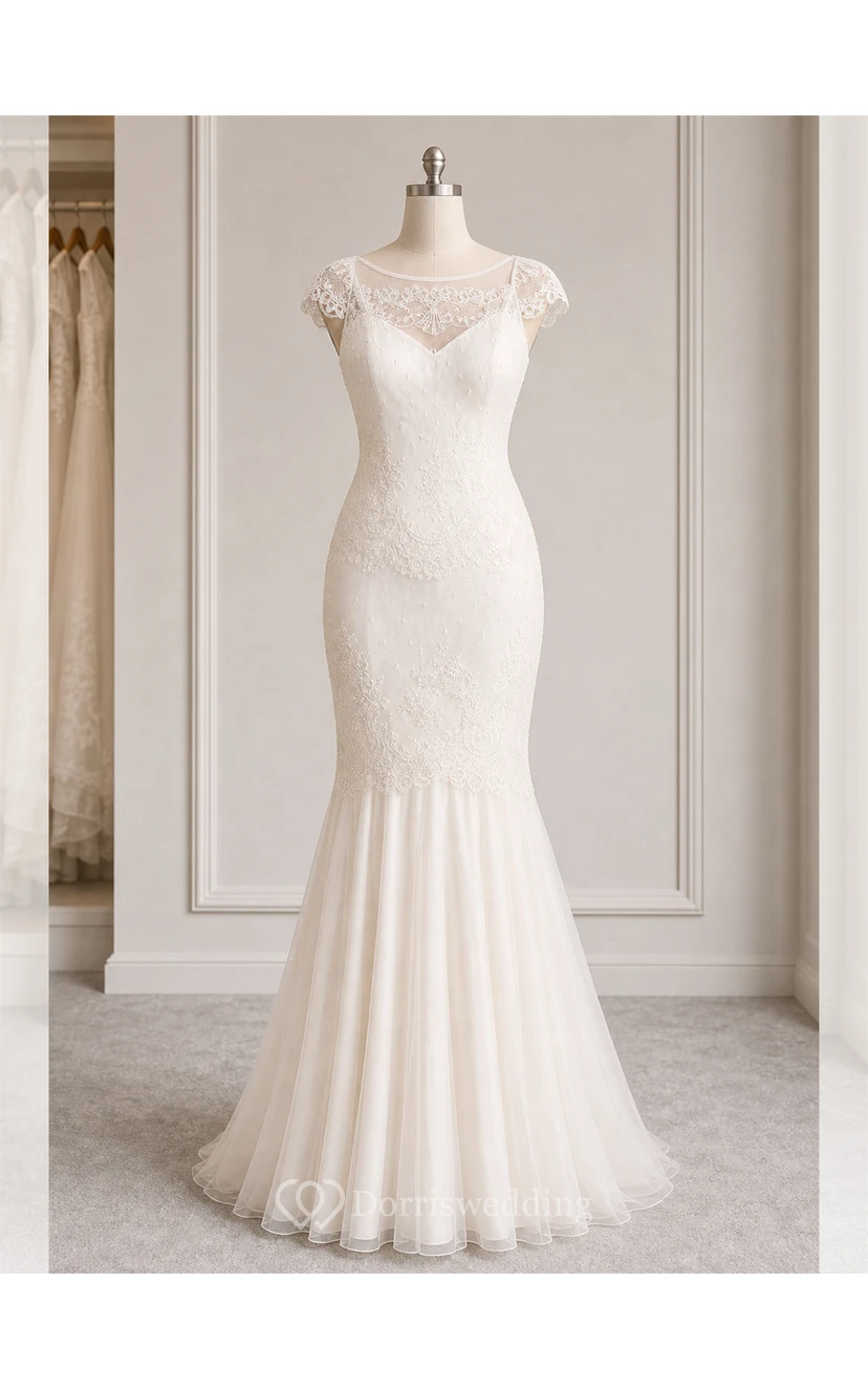 Scoop Maxi Cap-Sleeve Lace Wedding Dress With Illusion view 7