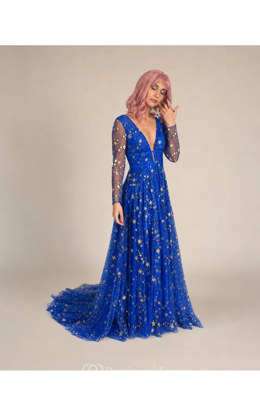Robe bohème simple en tulle bleu céleste à paillettes et à strass view 17