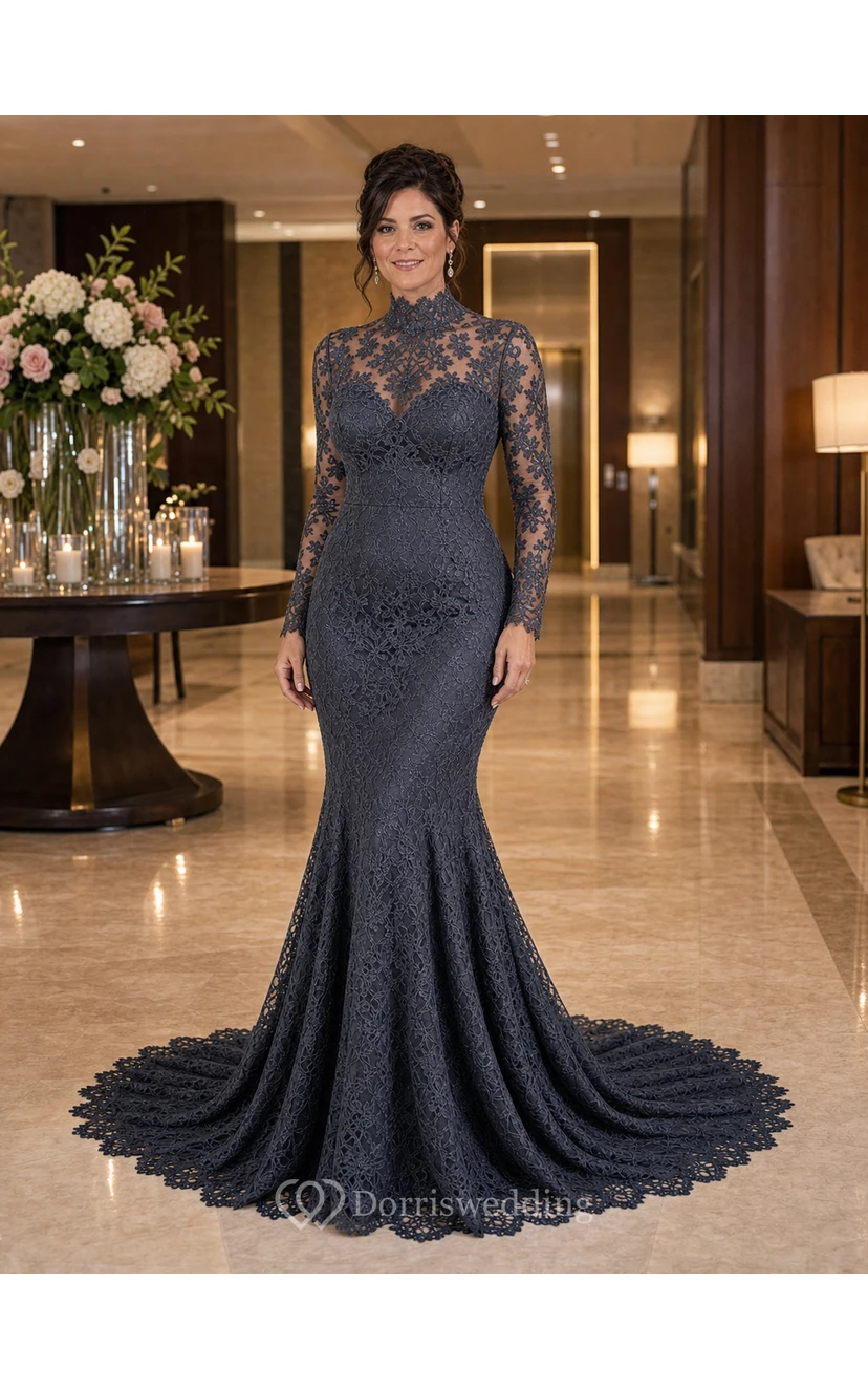 High Neck Long Sleeve Black Lace Mermaid Wedding Gown view 9