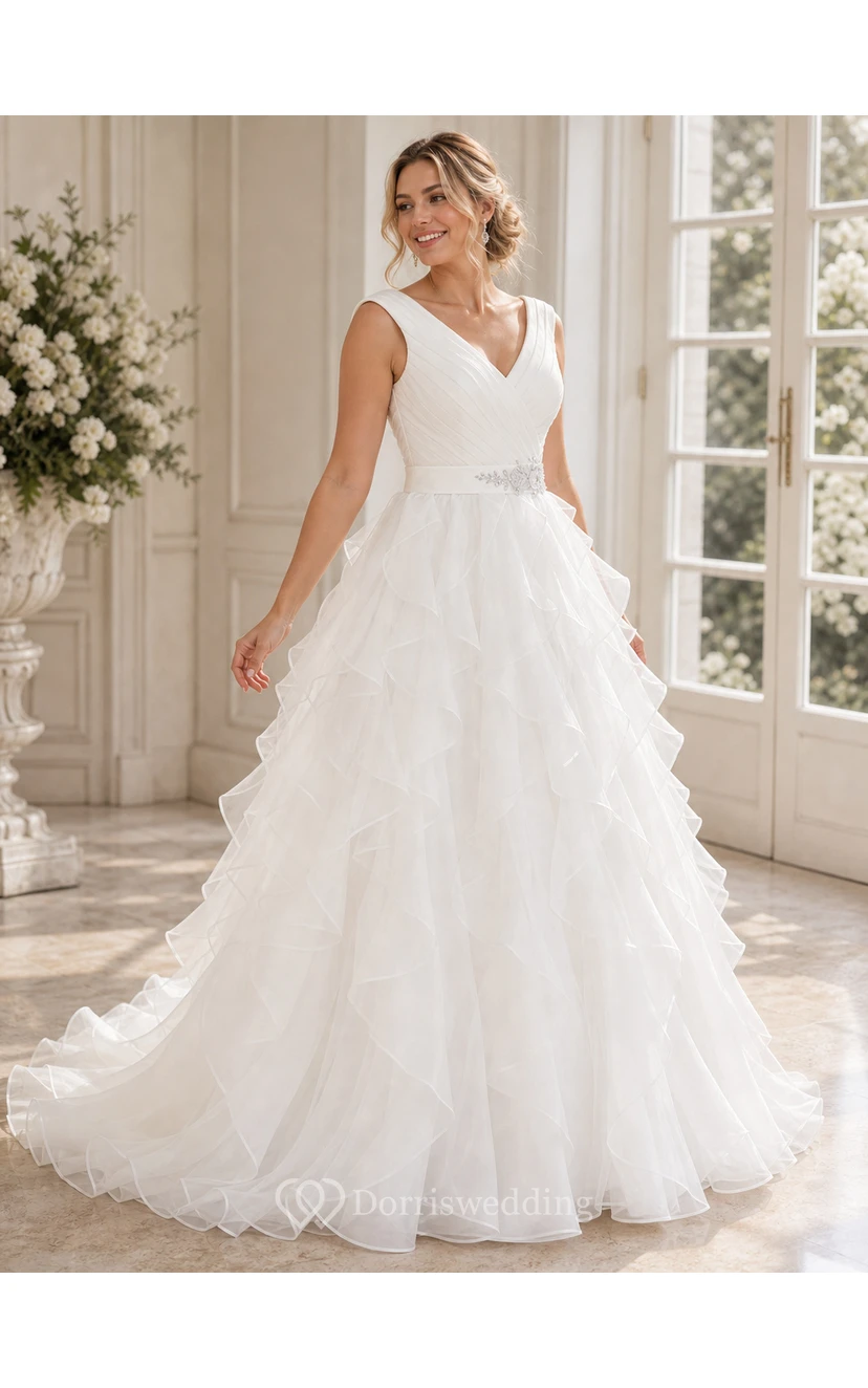 A-Line Cap-Sleeve Long V-Neck Ruched Organza Wedding Dress With Ruffles And Tiers view 5