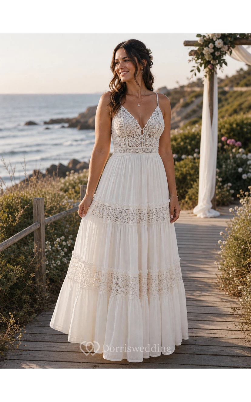 Beach Boho Wedding Dress with Spaghetti Straps, Lace Bodice & Tiered Maxi Skirt view 10