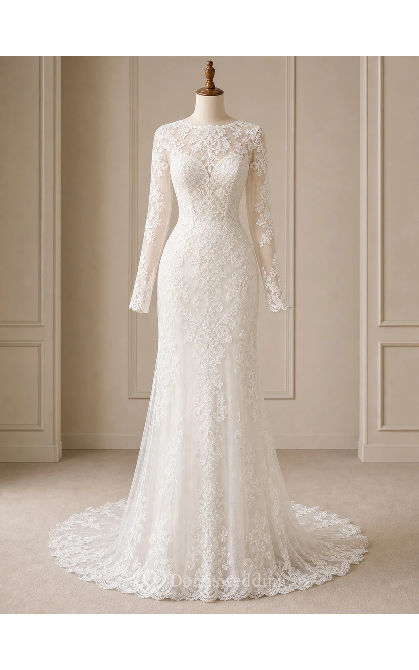 Sheath Long-Sleeve High Neck Tulle&Lace Wedding Dress With Sweep Train view 7