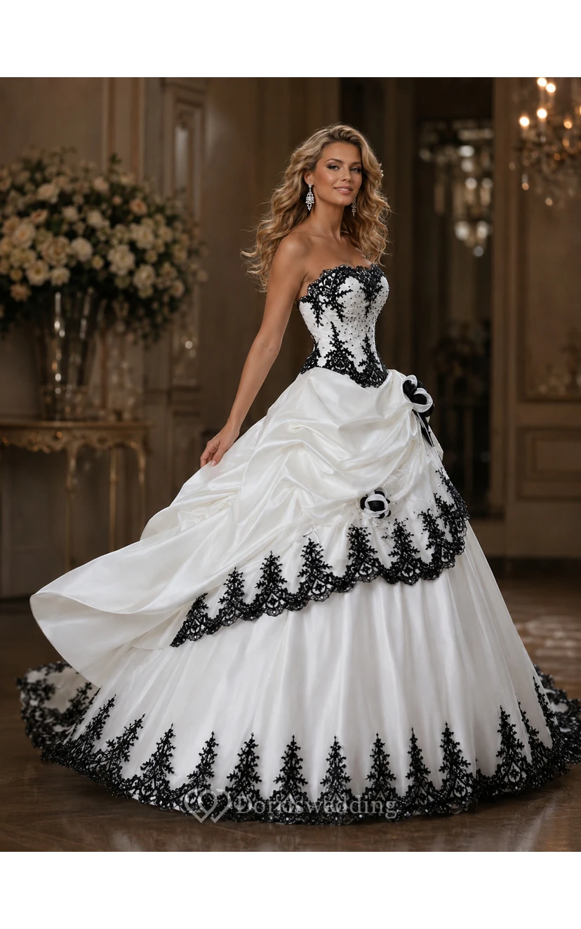 Ball Gown Taffeta Strapless Sleeveless Court Train Princess Wedding Dress with Beading Cascading Ruffles and Tiers view 5