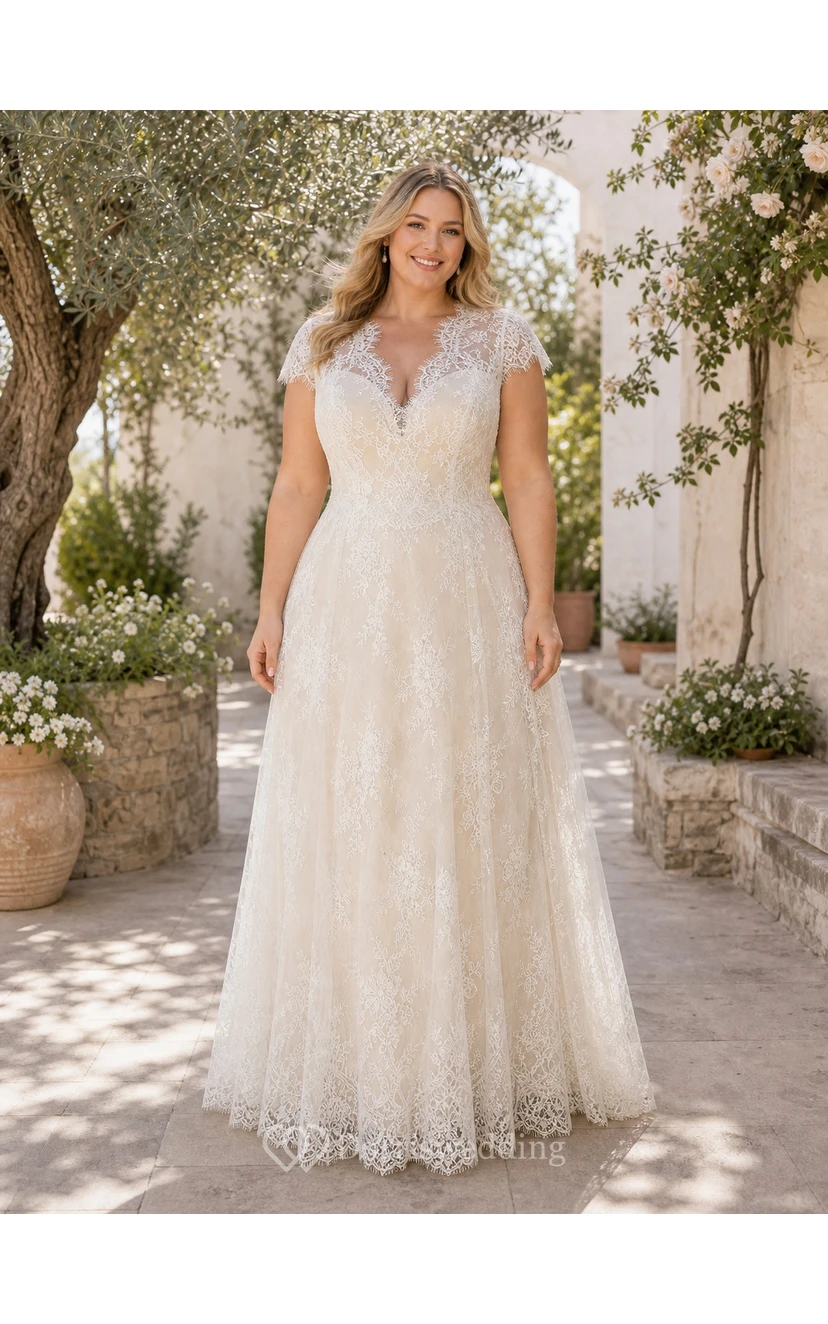 Destination Empire Sheath Wedding Dress with Cap Sleeves and Illusion Button Back view 4