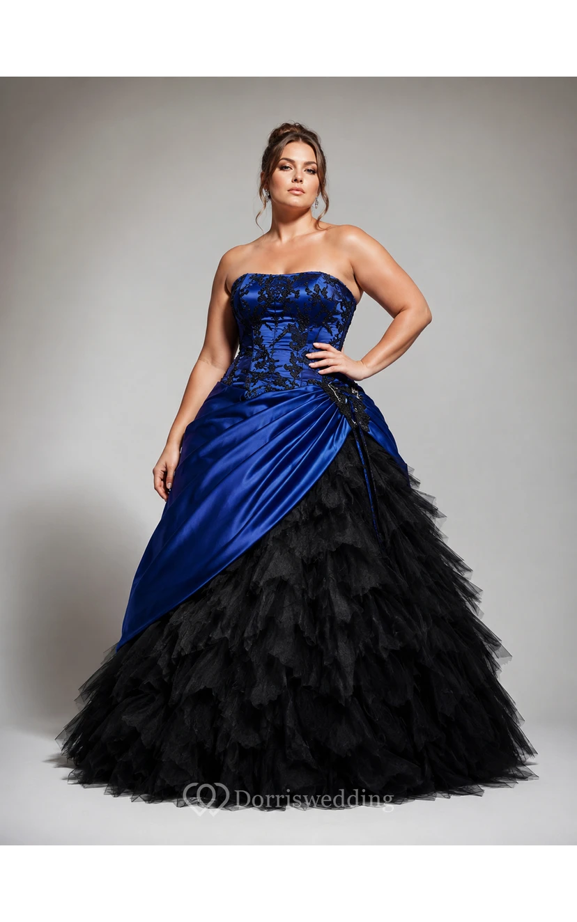 Ballkleid, Teelänge, schulterfrei, mit asymmetrischem Träger, Applikationen, Schnürung am Rücken, Chiffon, Tüll, Spitze, Pailletten, Satin view 4