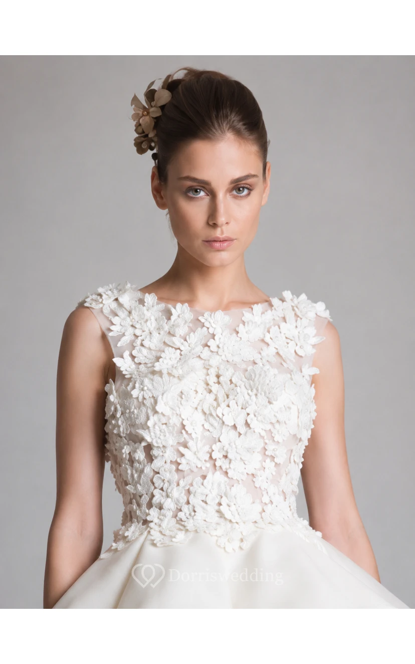 Elfenbeinfarbenes Brautkleid mit Schmuckkragen, floralen Applikationen und asymmetrischem Saum view 5