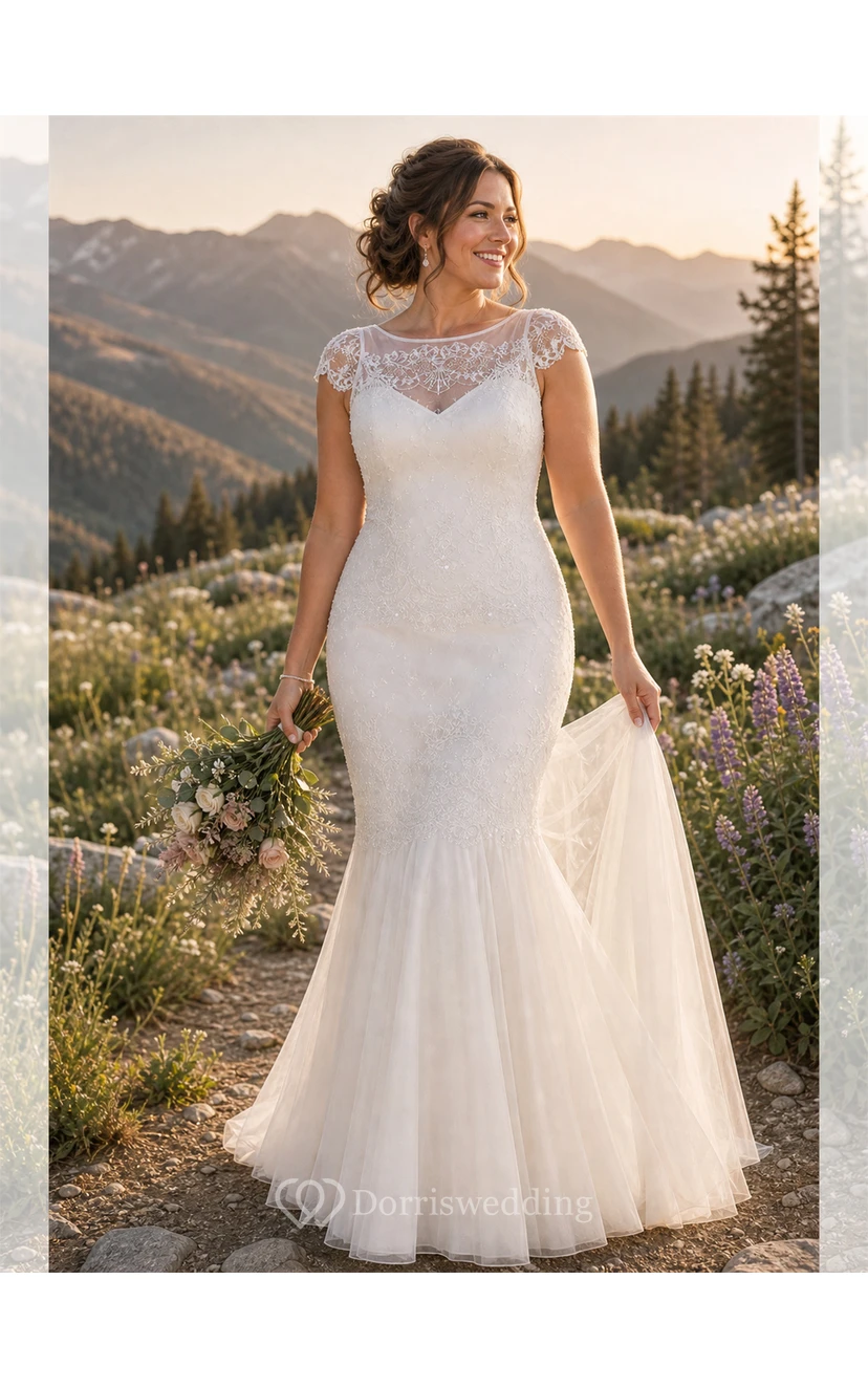 Scoop Maxi Cap-Sleeve Lace Wedding Dress With Illusion view 10