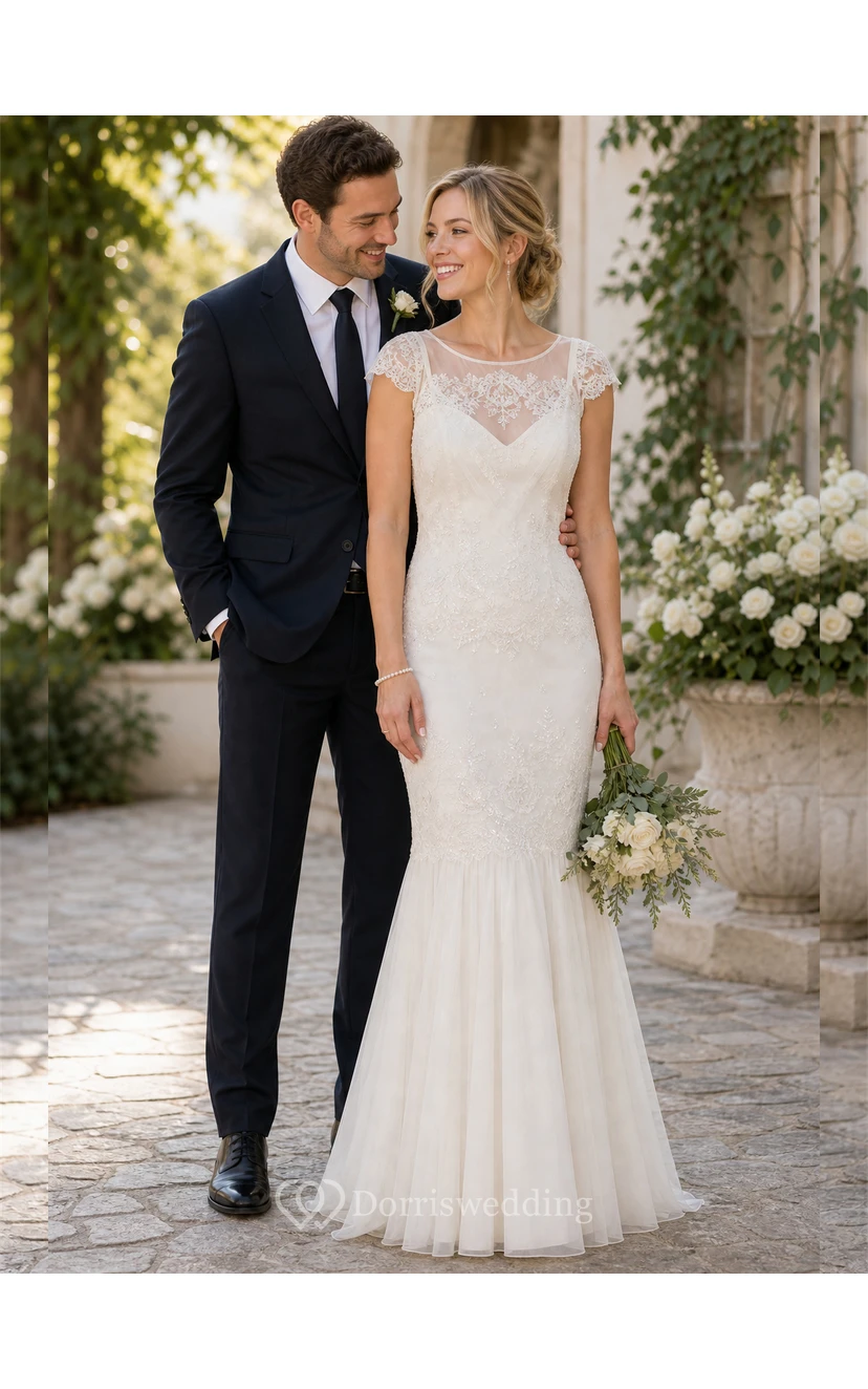 Scoop Maxi Cap-Sleeve Lace Wedding Dress With Illusion view 3
