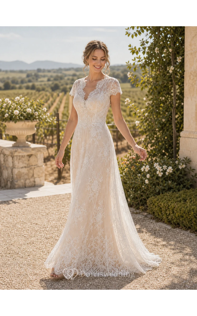 Destination Empire Sheath Wedding Dress with Cap Sleeves and Illusion Button Back view 5