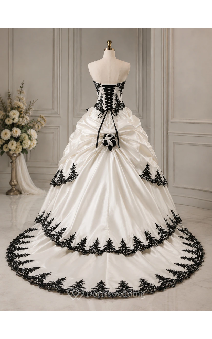 Ball Gown Taffeta Strapless Sleeveless Court Train Princess Wedding Dress with Beading Cascading Ruffles and Tiers view 8