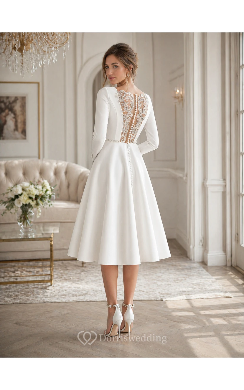 Bateau-neck Satin Long Sleeve Modest A-line Tea-length Simple Wedding Dress with Crystal Detailings Bateau-neck Satin Long Sleeve Modest A-line Tea-length Simple Wedding Dress with Crystal Detailings
