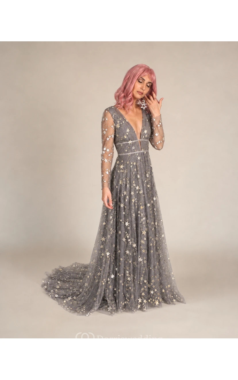 Robe bohème simple en tulle bleu céleste à paillettes et à strass view 14