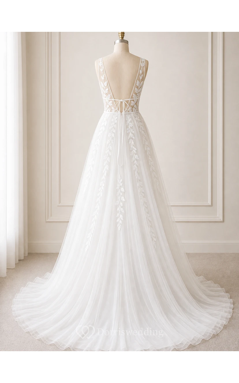 Sexy V-neck Boho Country Tulle A Line Empire Sleeveless Illusion Wedding Dress- white view 8