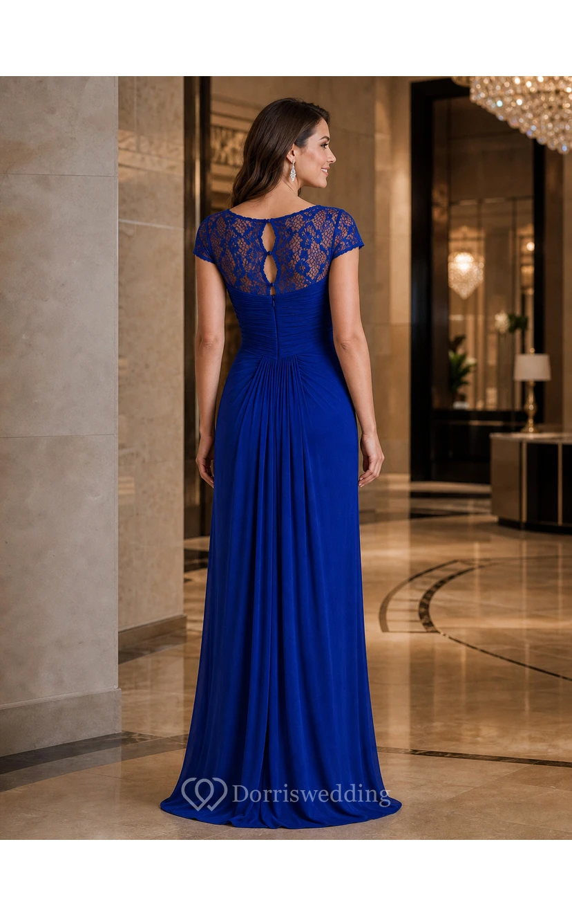 Cap-Sleeved Long Ruched Mother Of The Bride Dress With Illusion Lace Neckline view 9