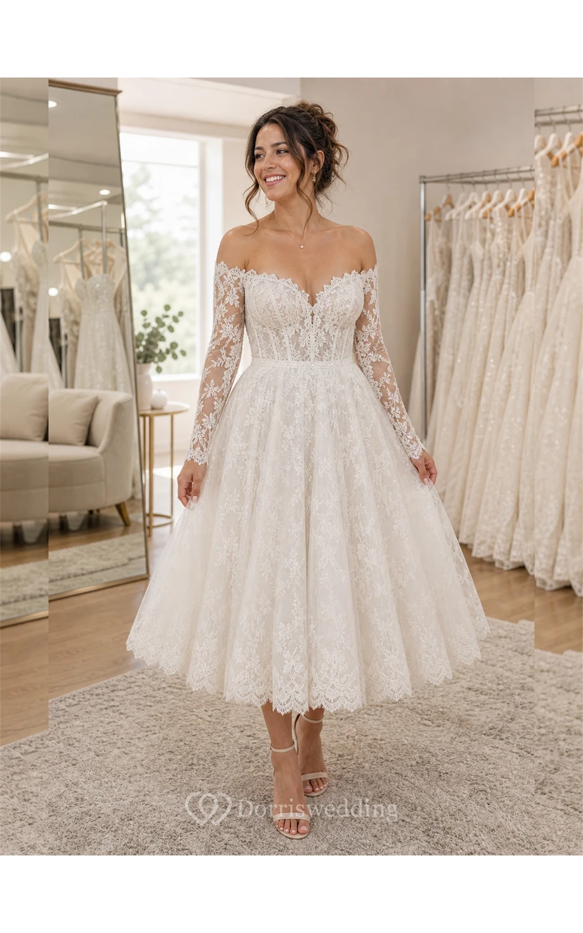 Boho Tea Length Off-the-Shoulder Wedding Dress with Long Lace Sleeves & Full Floral Lace Midi Skirt view 6